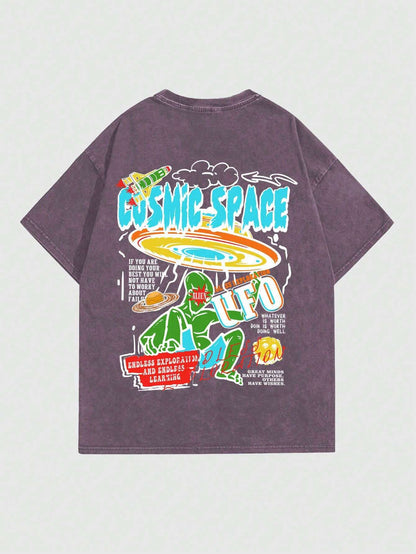ROMWE MEN Street Life Men Cartoon & Slogan Graphic Drop Shoulder Tee, School