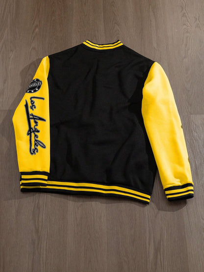 Manfinity EMRG Men'S Simple Print Daily Long Sleeve Baseball Jacket, Designer, Urban, Graffiti, Color Block, Friends