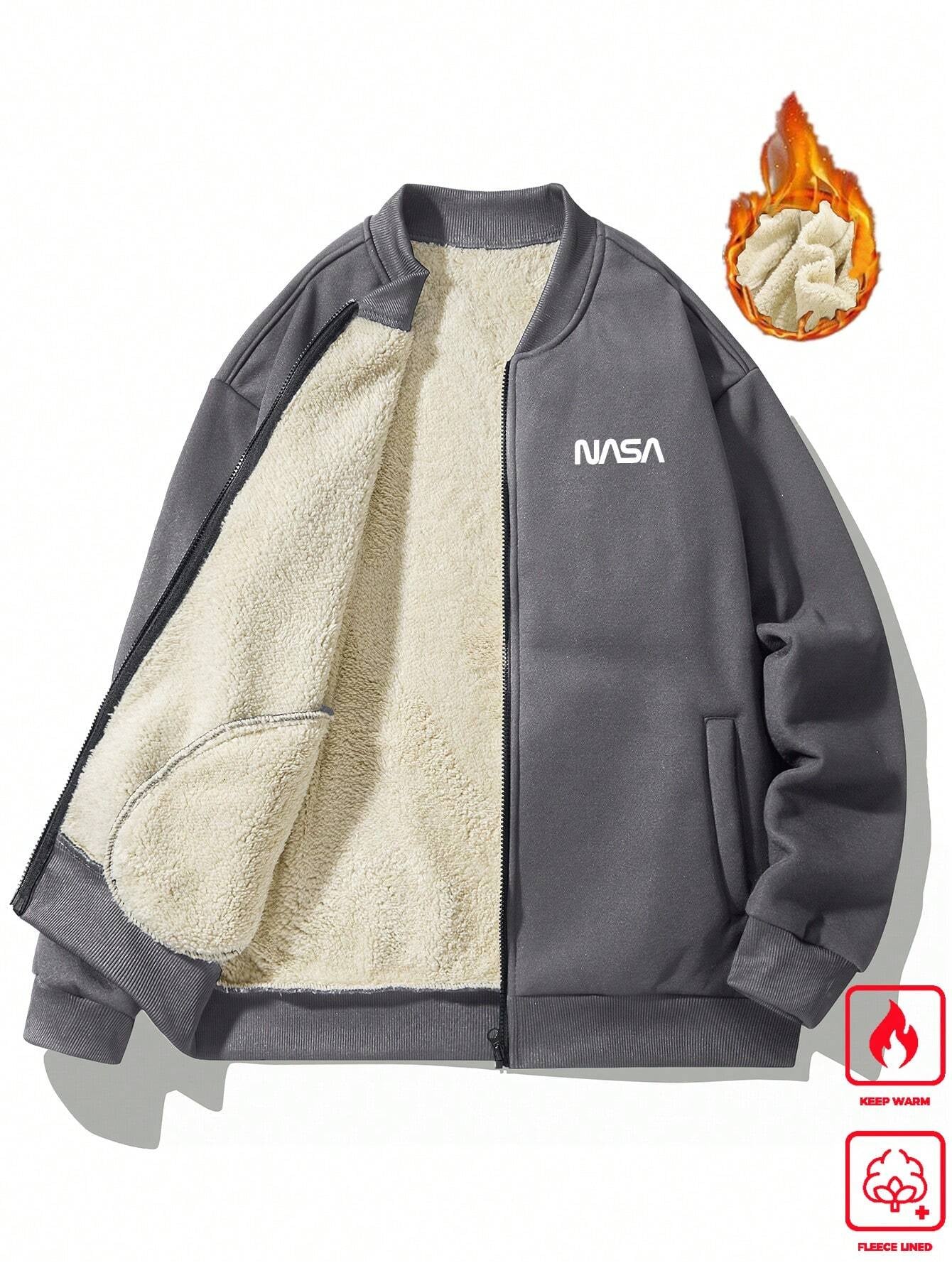 Manfinity Homme Men Loose Letter Graphic Thermal Lined Bomber Jacket Men'S Fleeceboy Jackets Autumn Winterplush Jacket