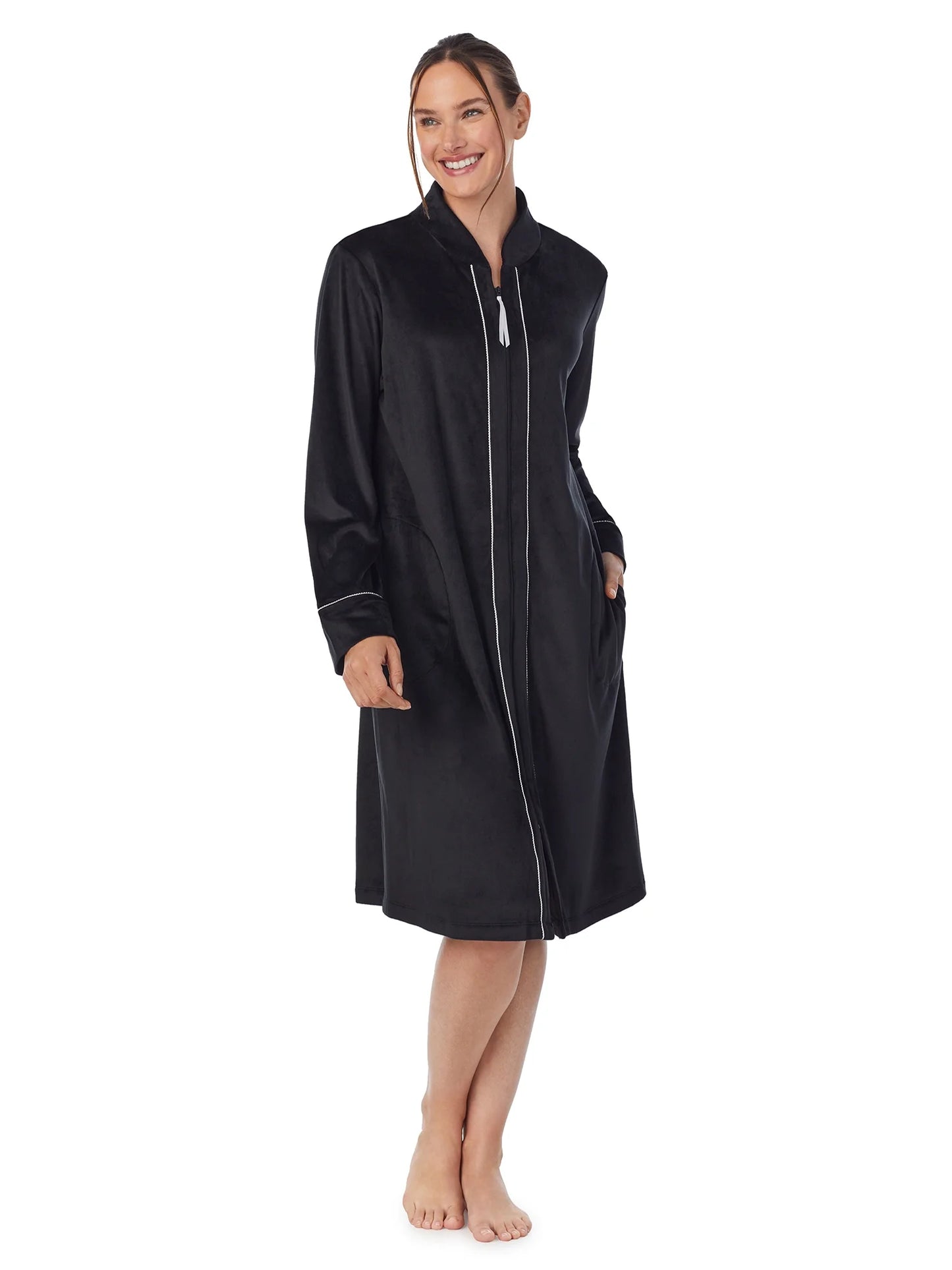 Women'S Stretch Velour Long Sleeve Zip Front Sleepwear Robe with Pockets, Sizes XS-5X