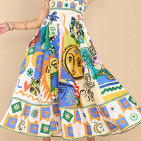 Women Boho Graffiti Cami Long Dress Graphic Spaghetti Strap Flowy Maxi Dress Square Neck Colorful a Line Sundress