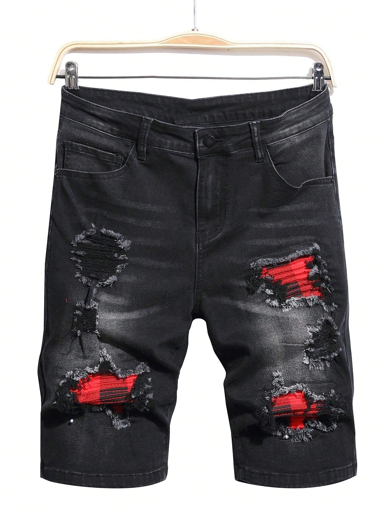 Manfinity EMRG Men'S Washed Ripped Denim Shorts Plain Denim Jorts Black Denim Shorts, for Husband, Boyfriend Gifts