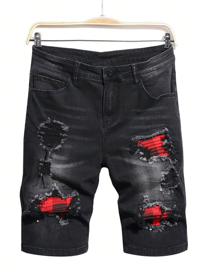 Manfinity EMRG Men'S Washed Ripped Denim Shorts Plain Denim Jorts Black Denim Shorts, for Husband, Boyfriend Gifts