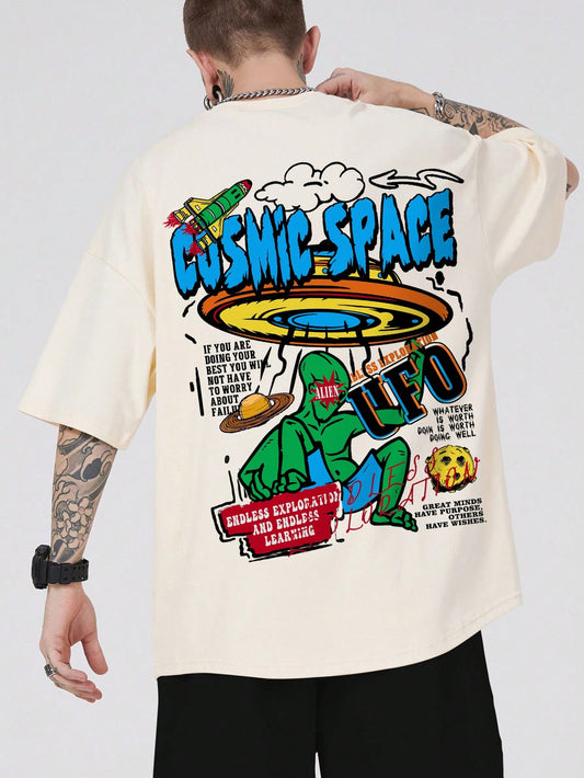 ROMWE MEN Street Life Men Cartoon & Slogan Graphic Drop Shoulder Tee, School