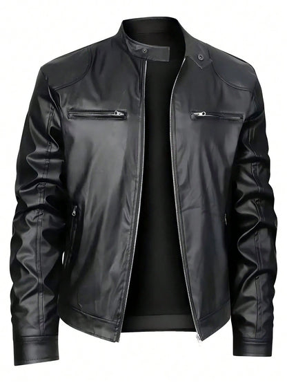 Men'S Stand Collar Fitted Faux Leather Jacket with Zipper Pockets, Motorcycle Style
