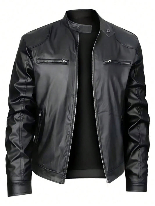 Men'S Stand Collar Fitted Faux Leather Jacket with Zipper Pockets, Motorcycle Style