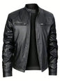 Men'S Stand Collar Fitted Faux Leather Jacket with Zipper Pockets, Motorcycle Style