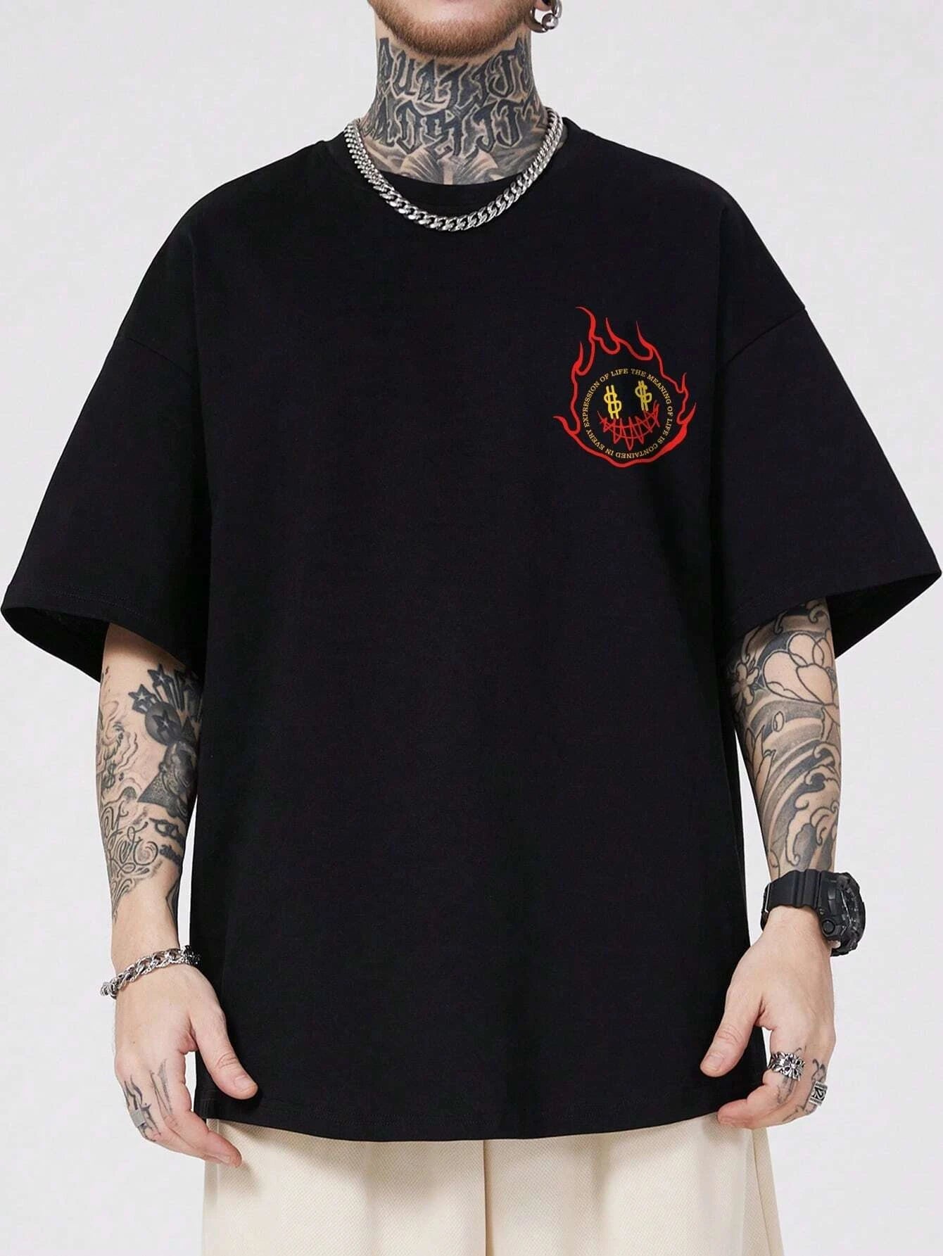ROMWE MEN Street Life Men Slogan Skeleton Graphic Y2K T-Shirt for Halloween, School