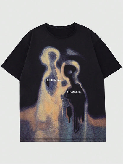 ROMWE MEN Street Life Men'S Vintage Street Scene People Thermal Image Graphic Short Sleeve T-Shirt, Summer