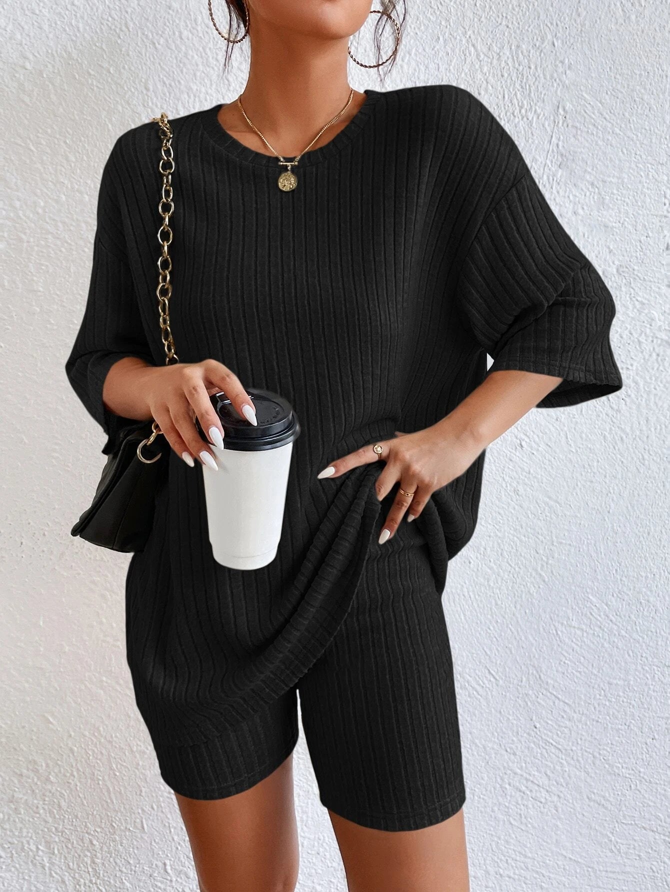 Essnce Drop Shoulder Ribbed Knit Tee & Biker Shorts