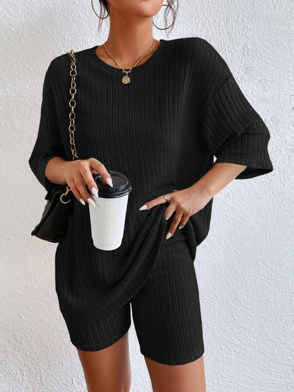 Essnce Drop Shoulder Ribbed Knit Tee & Biker Shorts