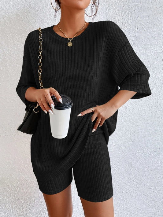 Essnce Drop Shoulder Ribbed Knit Tee & Biker Shorts