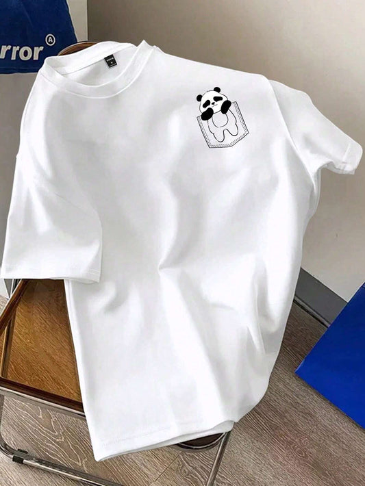 Manfinity Joysei Manfinity Urbanchill White Knitted Men Crewneck Short Sleeve T-Shirt, Funny Cute Panda Graphic T-Shirt, Boyfriend Gift, for Going Out