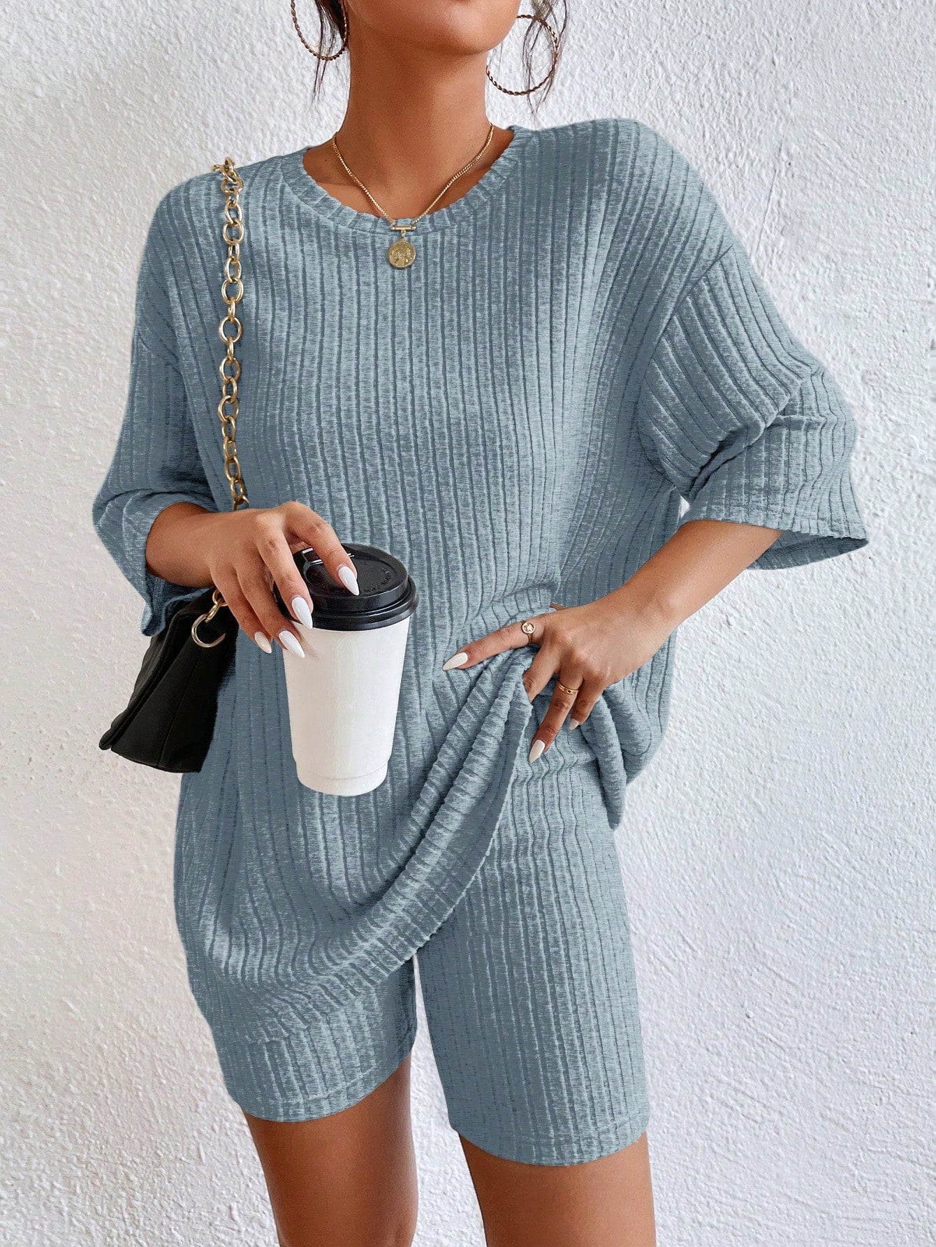 Essnce Drop Shoulder Ribbed Knit Tee & Biker Shorts