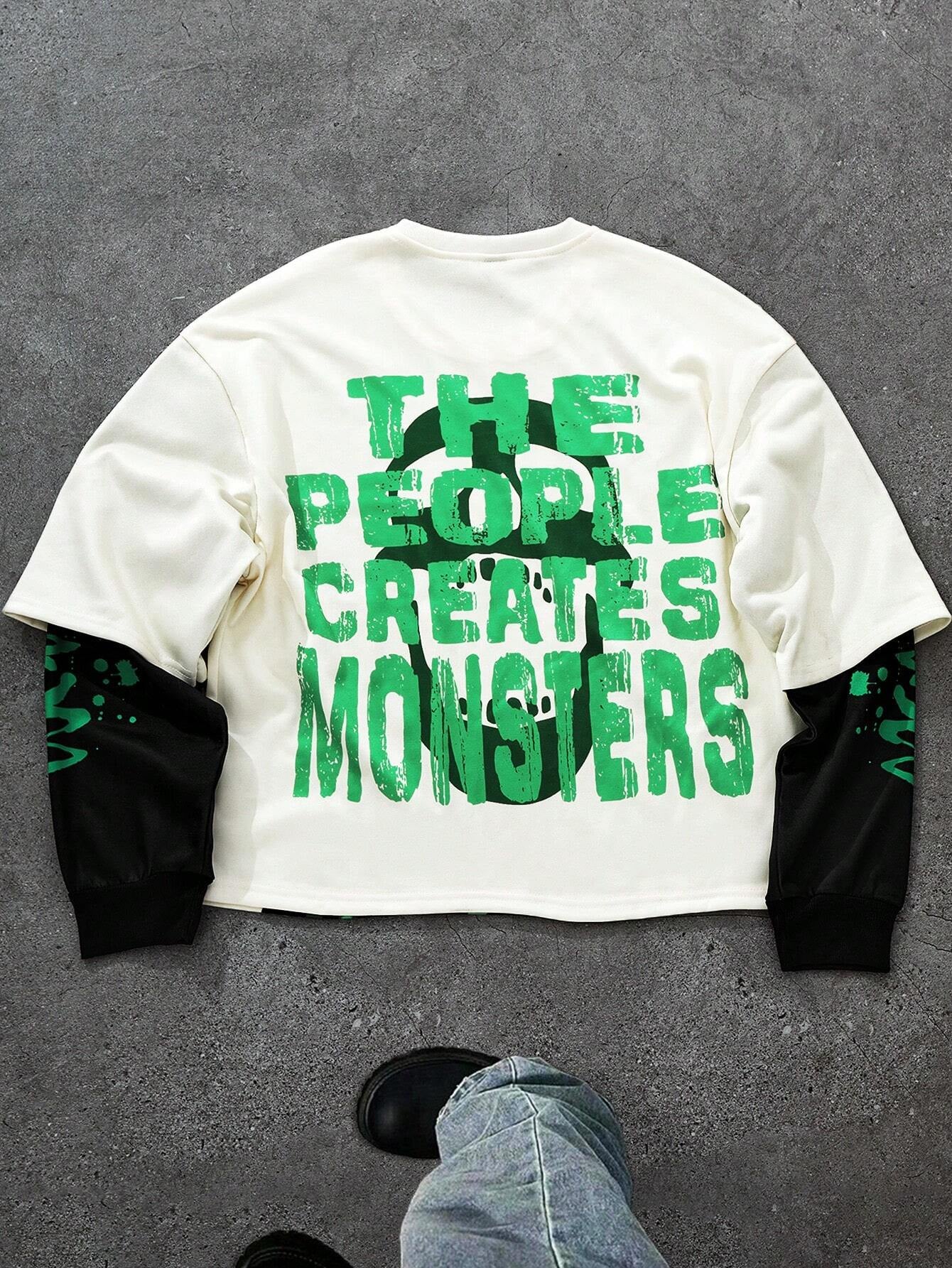 Manfinity EMRG Men'S Street INS Green Big-Eyed Monster Oversized Pattern Design round Neck Black and White Color Block Sweatshirt. Fall and Winter Green Graphic Rapper Sweatshirt Going Out Street Wear Crew Neck Graphic Long Sleeve Sweatshirt, for Friends, Husband, Boyfriend Gifts
