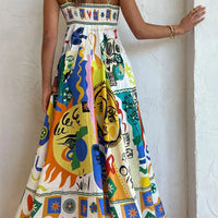 Women Boho Graffiti Cami Long Dress Graphic Spaghetti Strap Flowy Maxi Dress Square Neck Colorful a Line Sundress