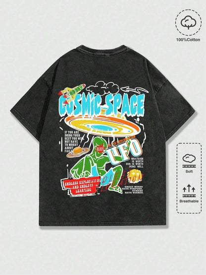 ROMWE MEN Street Life Men Cartoon & Slogan Graphic Drop Shoulder Tee, School