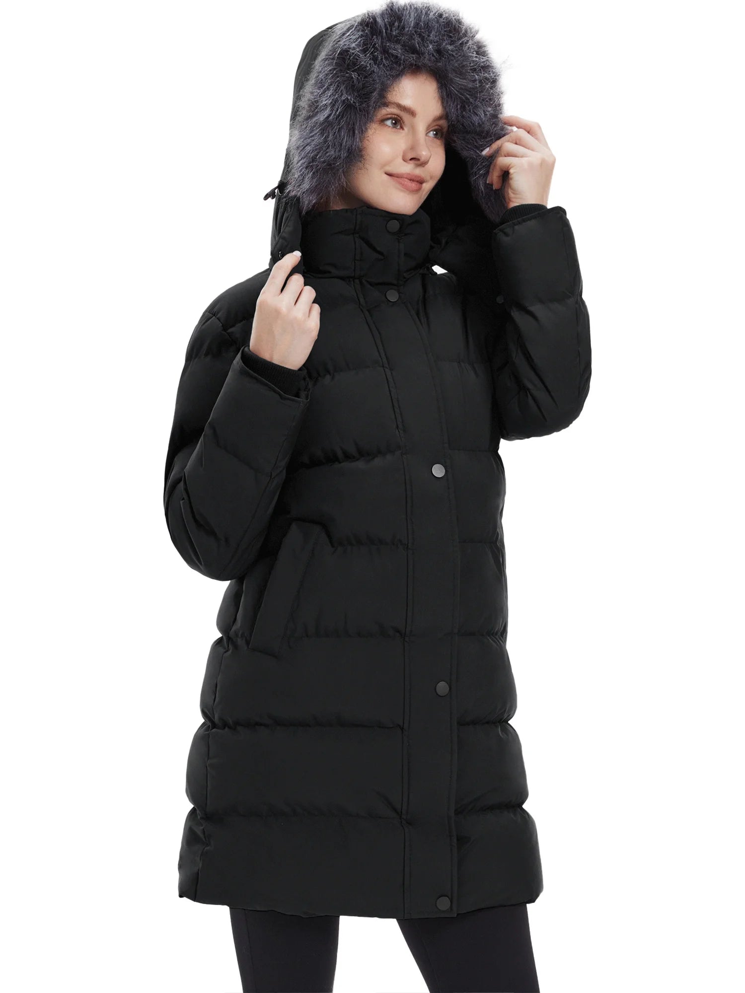 Women'S Recycled Thicken Winter Coat Waterproof Winter Jacket Long Winter Snow Jacket Black L