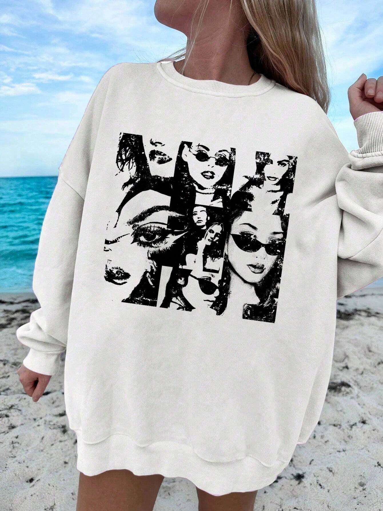 Ezwear Oversized Casual Street Figure Print Crew Neck Dropped Shoulder Long Sleeve Sweatshirt for Women, Autumn/Winter