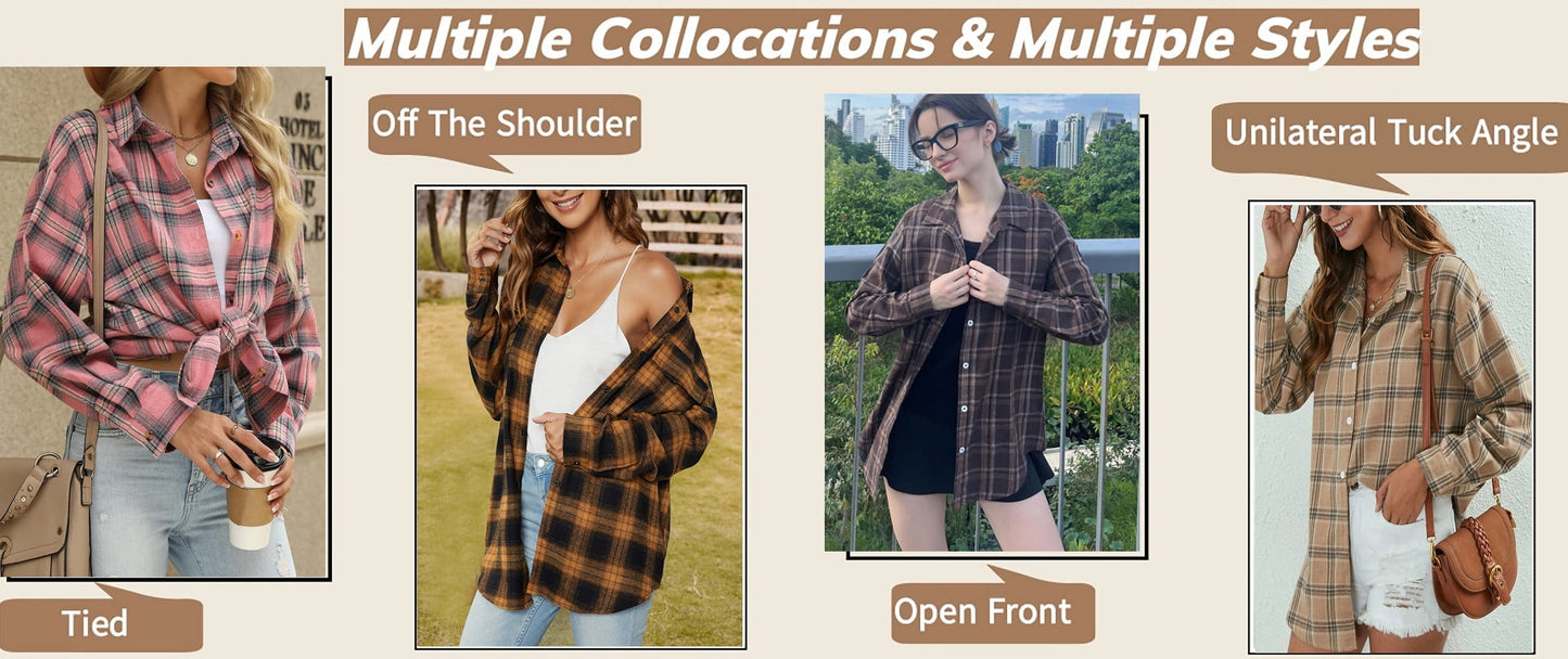 Plaid Flannel Shirts for Women Oversized Long Sleeve Button down Shirts Blouses Tops