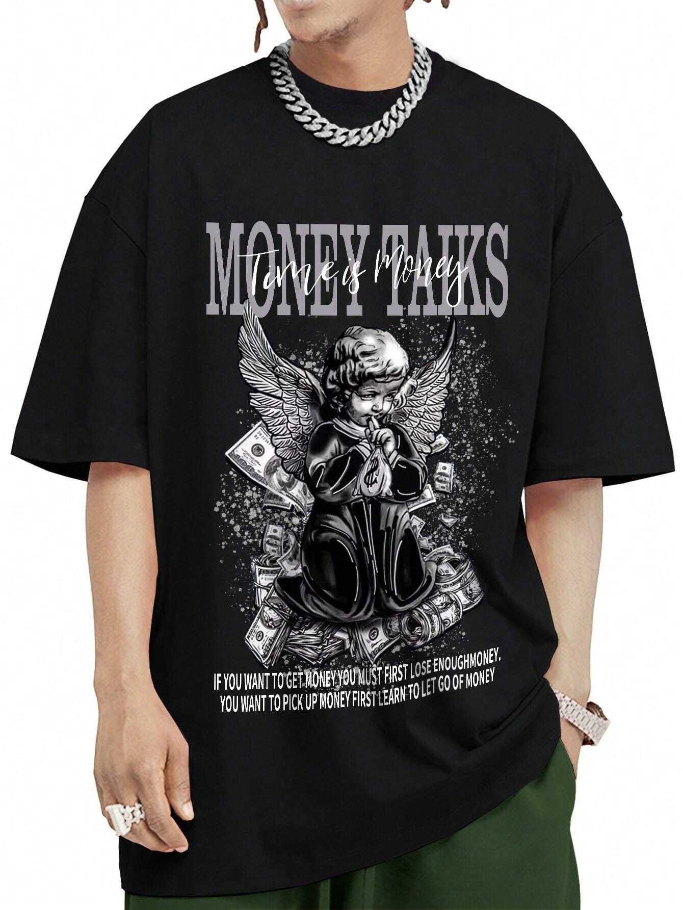 ROMWE MEN Street Life Men Slogan & Figure Graphic Drop Shoulder Tee, School
