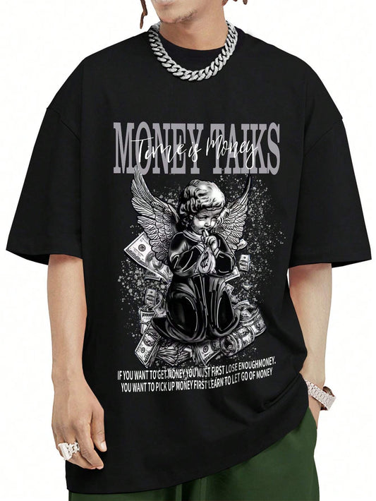 ROMWE MEN Street Life Men Slogan & Figure Graphic Drop Shoulder Tee, School