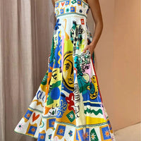 Women Boho Graffiti Cami Long Dress Graphic Spaghetti Strap Flowy Maxi Dress Square Neck Colorful a Line Sundress