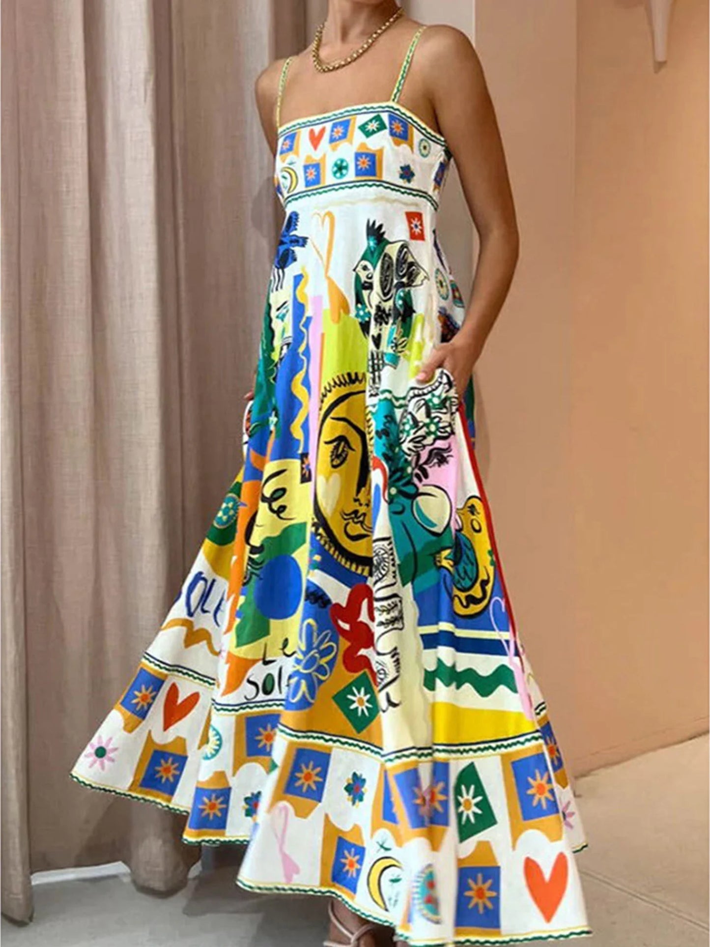 Women Boho Graffiti Cami Long Dress Graphic Spaghetti Strap Flowy Maxi Dress Square Neck Colorful a Line Sundress