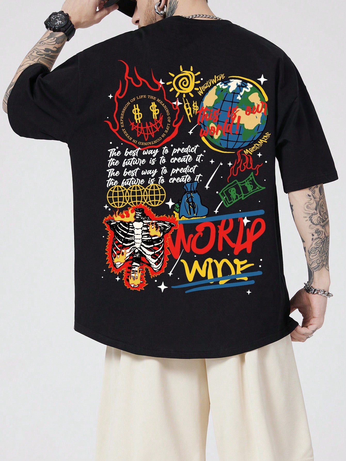 ROMWE MEN Street Life Men Slogan Skeleton Graphic Y2K T-Shirt for Halloween, School