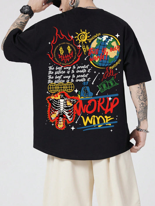 ROMWE MEN Street Life Men Slogan Skeleton Graphic Y2K T-Shirt for Halloween, School