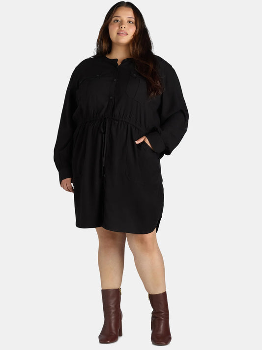 Women'S and Women'S plus Utility Shirtdress with Long-Sleeves, Sizes XS-4X