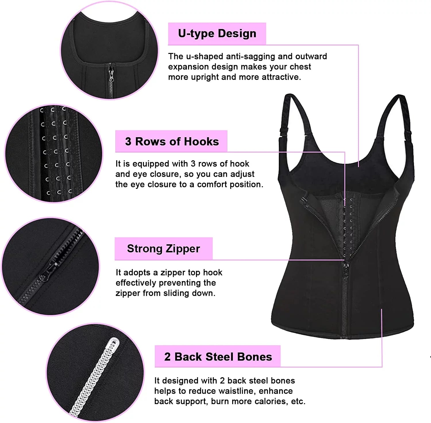 Corset Waist Trainer Vest for Women Weight Loss ,Tummy Control Sport Workout Body Shaper Black with Zipper & Straps for Men,Black,2Xl