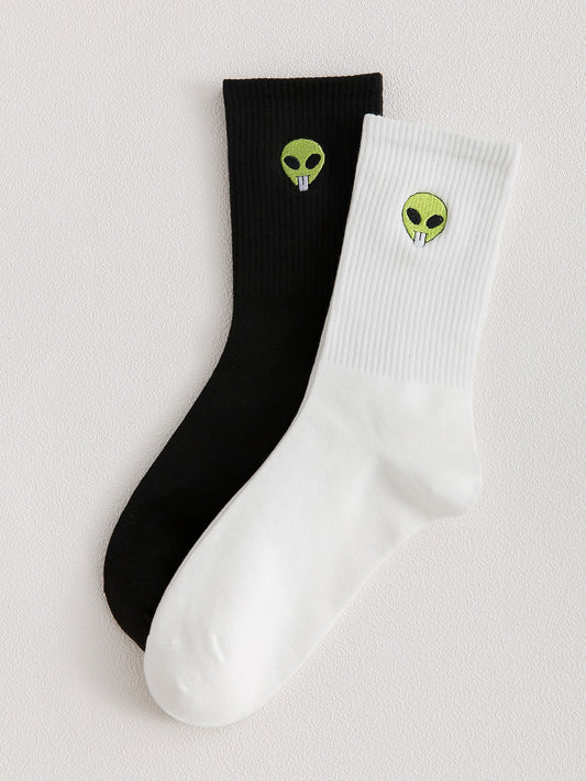 2Pairs Men Alien Embroidered Crew Socks