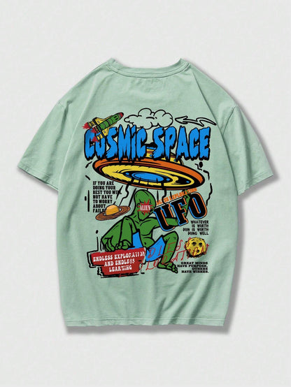 ROMWE MEN Street Life Men Cartoon & Slogan Graphic Drop Shoulder Tee, School