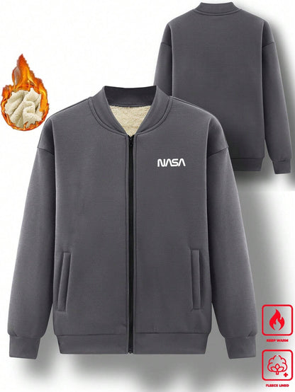 Manfinity Homme Men Loose Letter Graphic Thermal Lined Bomber Jacket Men'S Fleeceboy Jackets Autumn Winterplush Jacket