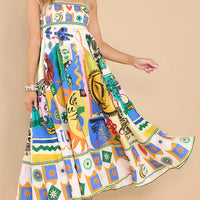 Women Boho Graffiti Cami Long Dress Graphic Spaghetti Strap Flowy Maxi Dress Square Neck Colorful a Line Sundress