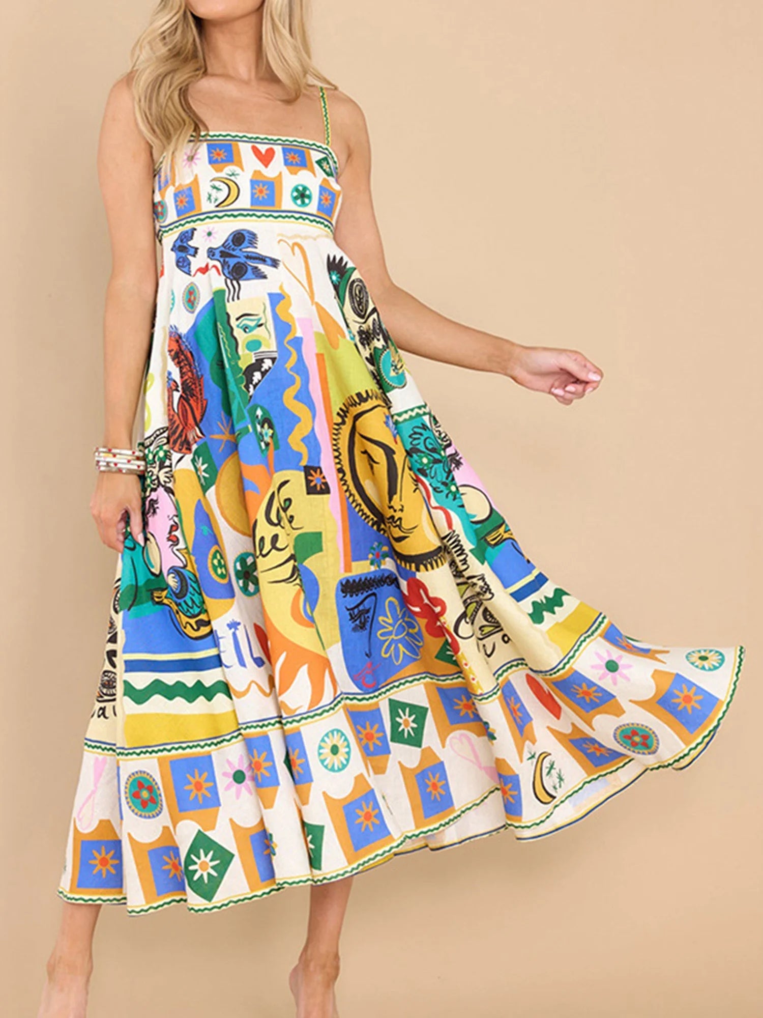 Women Boho Graffiti Cami Long Dress Graphic Spaghetti Strap Flowy Maxi Dress Square Neck Colorful a Line Sundress