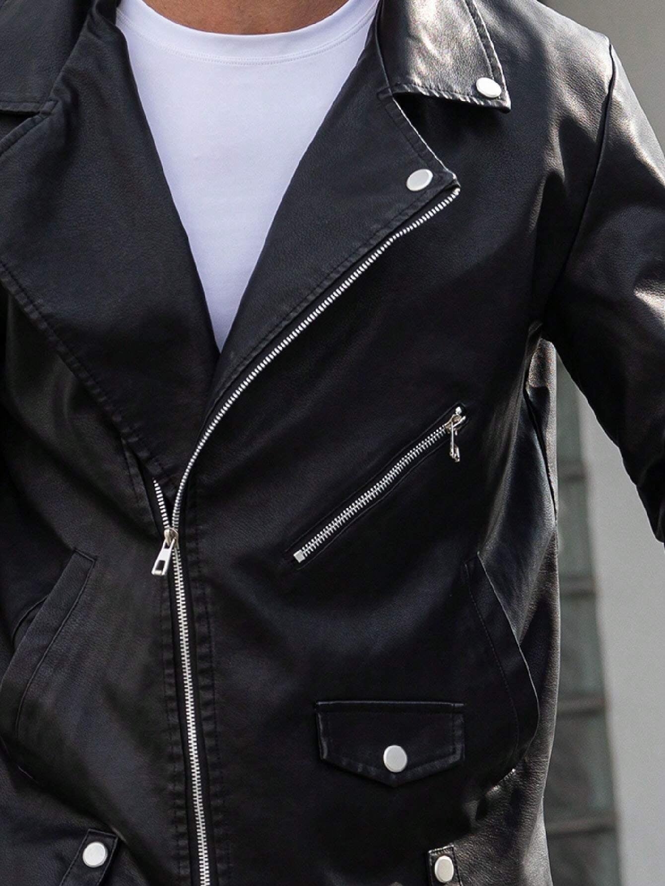 Manfinity LEGND Men Zip up PU Leather Moto Jacket,Halloween Going Out Bomber Goth Black Long Sleeve Jacket, for Friends, Husband, Boyfriend Gifts