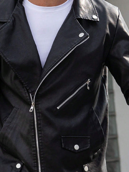 Manfinity LEGND Men Zip up PU Leather Moto Jacket,Halloween Going Out Bomber Goth Black Long Sleeve Jacket, for Friends, Husband, Boyfriend Gifts