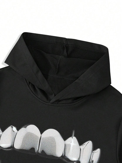 Manfinity EMRG Men'S Casual Teeth Print Hoodie Sweatshirt & Sweatpants Set, Spring & Autumn